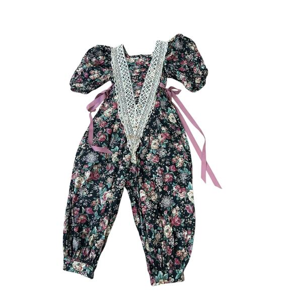 Vintage Floral Cotton Lace Prairie Jumpsuit Puff Sleeve Cottage core / XS - - Picture 1 of 5
